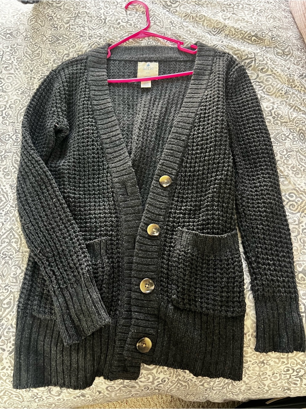aerie Charcoal Button-Front Chunky Knit Cardigan